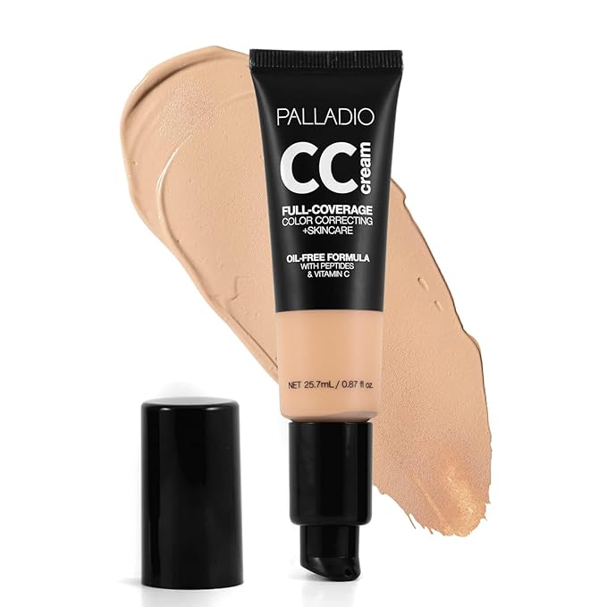 Palladio Full-Coverage Color Correction CC Cream, Oil-Free with Peptides & Vitamin C, Best for Correcting Redness and Uneven Skin Tone, Buildable Foundation Coverage (Light 21C)-BrightBean Baby