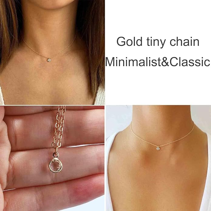 Boho Tiny Crystal Choker Gold Clear Quartz Pendant Necklace Minimal Dot CZ Choker Necklace Simple Everyday Necklace Wedding Necklace Jewelry for Women and Girls Gifts-BrightBean Baby