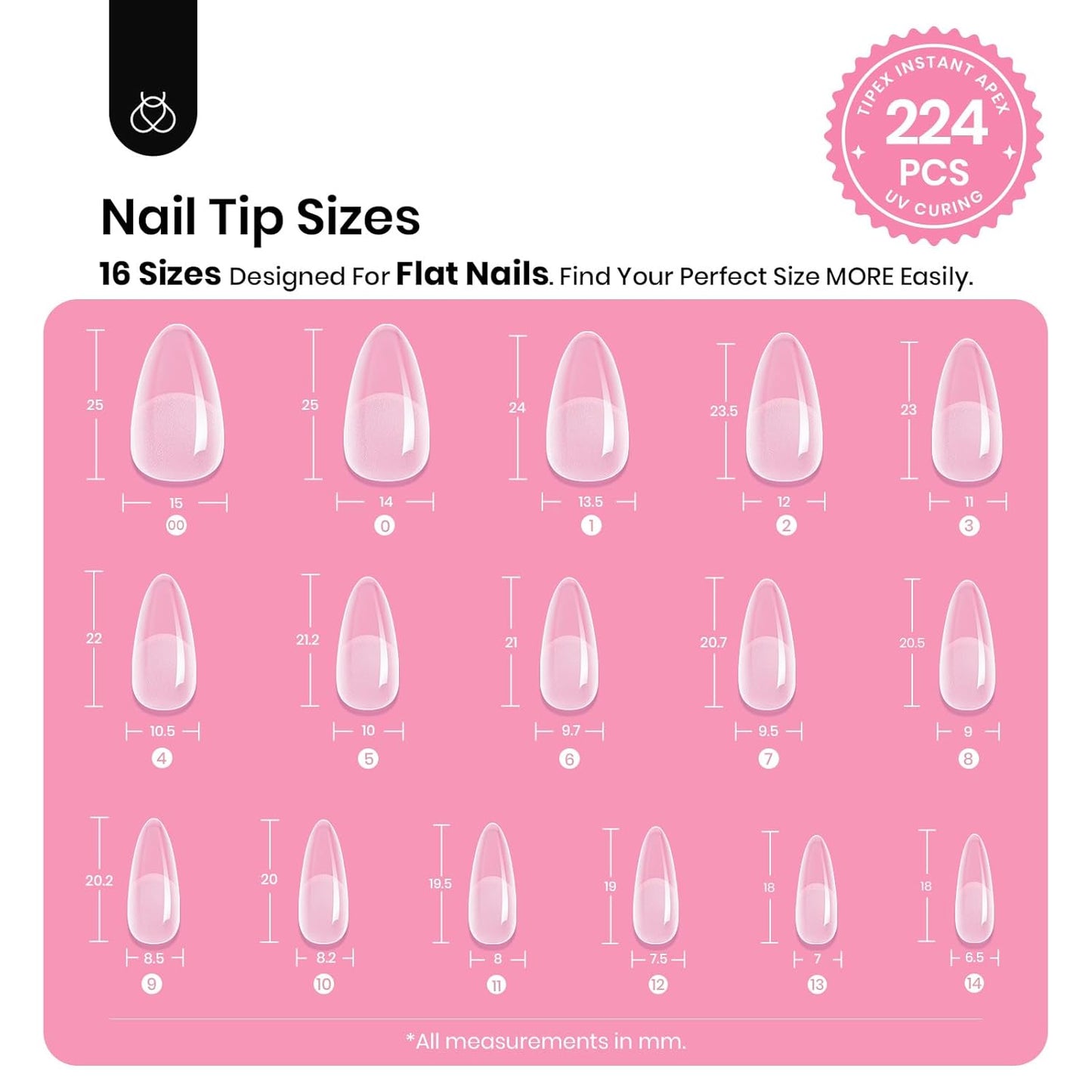 Beetles Tipex Gel Nail Kit, Medium Almond Nail Tips 224 Pcs 16 Sizes Pre-Building Pre-Etched False Nail Tips with Tipex Nail Glue, Mini Nail Lamp Thick Acrylic Nail Set Halloween Nails-BrightBean Baby