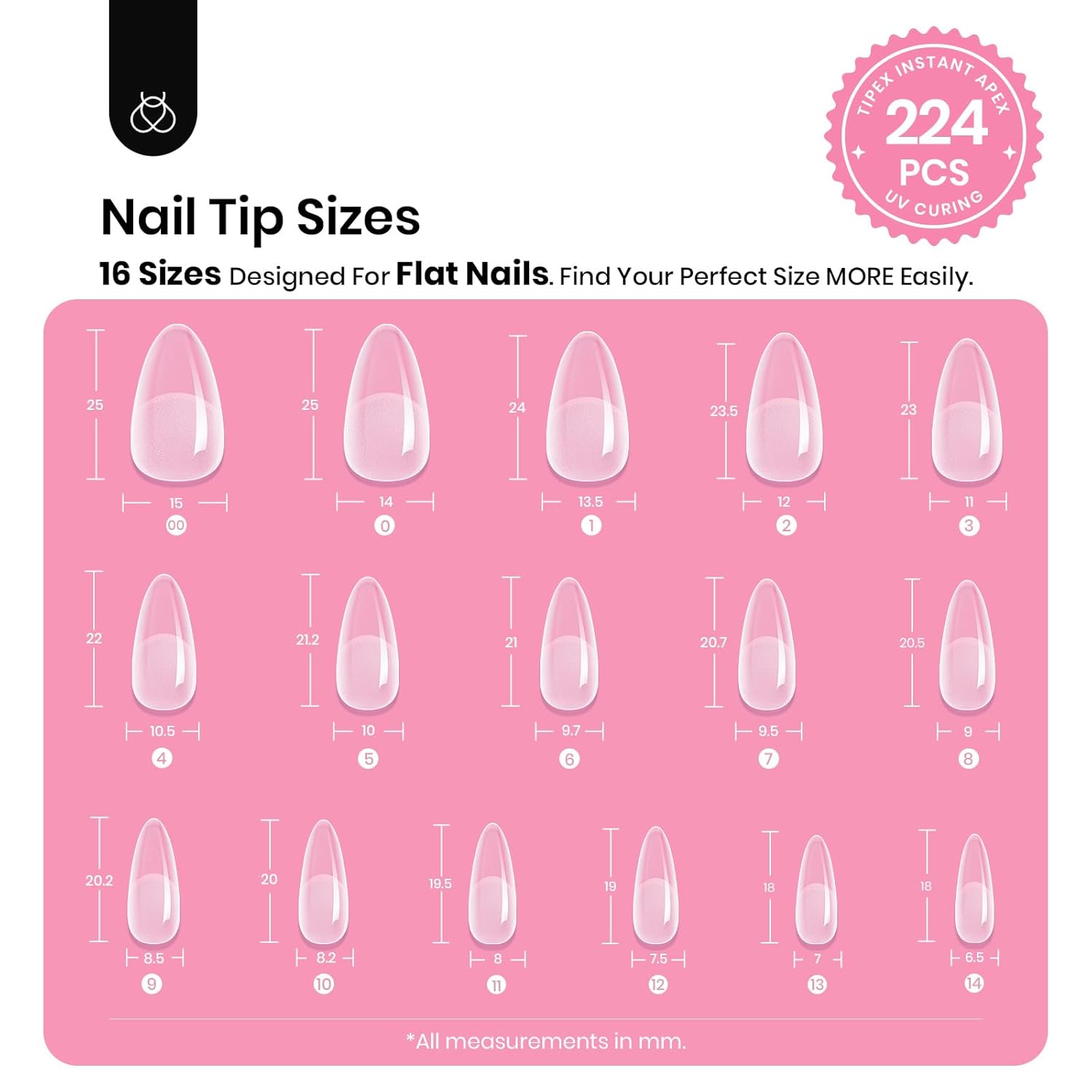 Beetles Tipex Gel Nail Kit, Medium Almond Nail Tips 224 Pcs 16 Sizes Pre-Building Pre-Etched False Nail Tips with Tipex Nail Glue, Mini Nail Lamp Thick Acrylic Nail Set Halloween Nails-BrightBean Baby