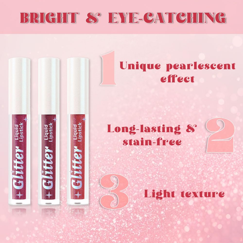 3Pcs Metallic Lipstick for Women,Lightweight Glitter Sparkling Liquid Lipsticks,Shimmer Lip Gloss Stain Long Lasting Waterproof Smudge Proof Non-Drying 24 Hour Full Coverage Lip Makeup,Vegan-BrightBean Baby