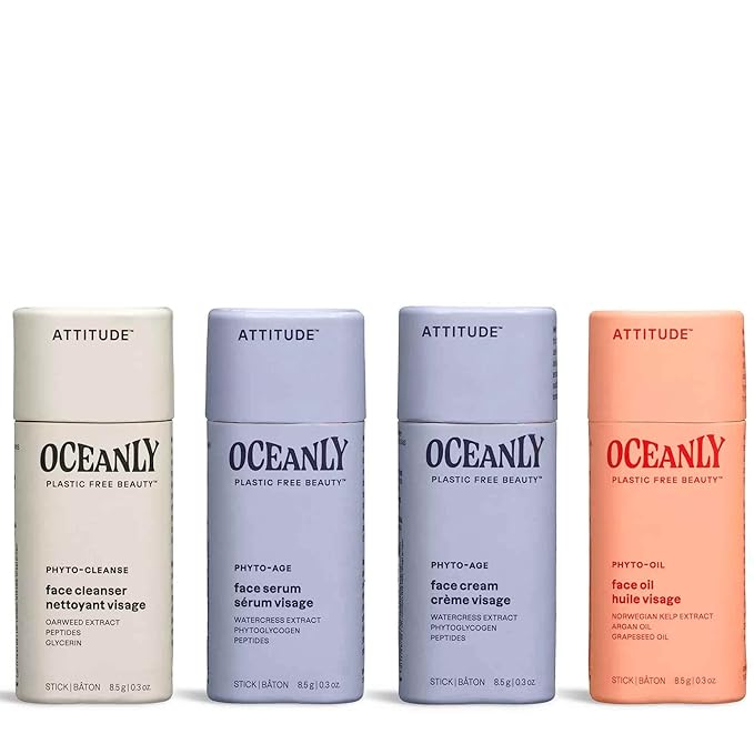 ATTITUDE Oceanly Aging Skin Daily Facial Care Routine Box Set, EWG Verified, Plastic-free, Plant and Mineral-Based Ingredients, Vegan and Cruelty-free, PHYTO AGE, Set of 4 Travel Size Bars-BrightBean Baby