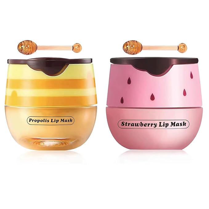 2 Pcs Strawberry & Honey Lip Balm, Lip Mask with Stick, Moisturizing Lip Sleeping Mask Day & Night Lip Care - Hydrate Repair Prevent Dry Cracked Exfoliate (Honey+Strawberry)-BrightBean Baby