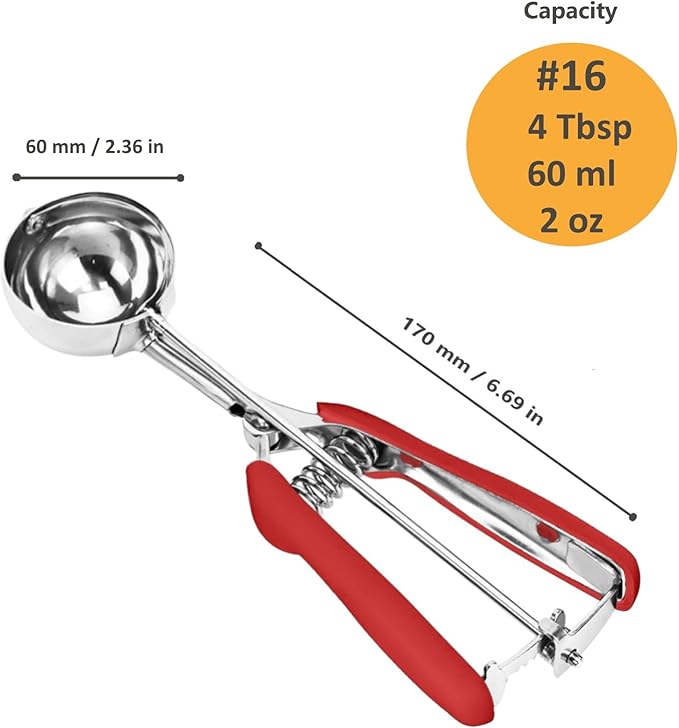 Ice Cream Scoop, Cookie Scoop, 4 Tbsp/ 60 ml/ 2 oz Cookie Scoops for Baking, 18/8 Stainless Steel Cookie Scooper for Baking, Ice Cream Scooper with Trigger Release, Cookie Dough Scoop (Red)