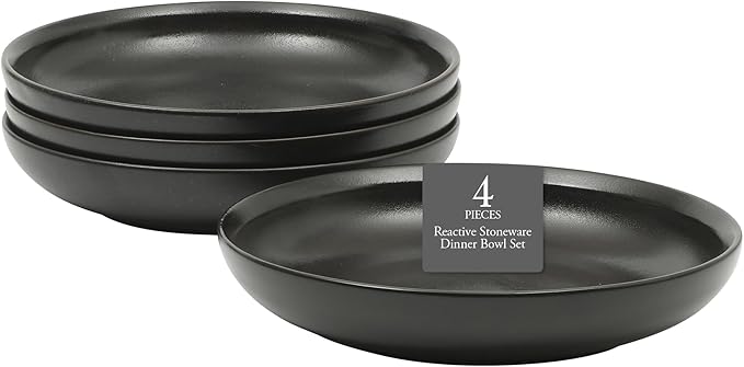 Gibson Elite Beckett 4-Piece 9 Inch Dinner Plate Bowl Set – Reactive Glaze Stoneware – Shallow Serving Pasta Bowls (Blate) – Round Wide-Rim Design – Microwave & Dishwasher Safe - Black