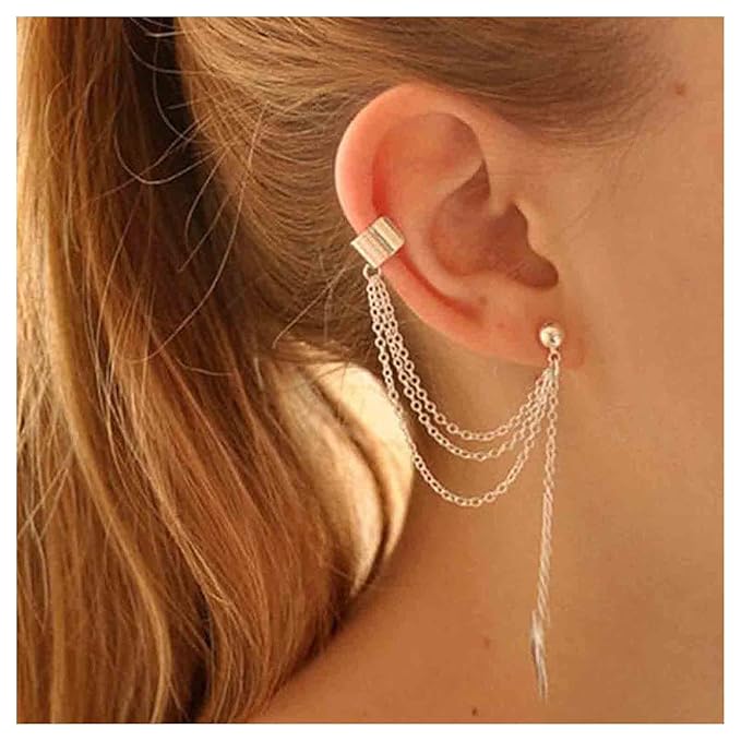 Boho Leaf Cuff Chain Earrings Silver Dangle Chain Earrings Cartilage Helix Earrings Cuff Helix to Lobe Chain Earrings Jewelry for Women and Girls-BrightBean Baby