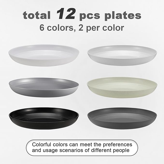 12 Pcs Unbreakable Deep Dinner Plates Set, 10 inch Reusable Plastic Wheat Straw Plates, Microwave and Dishwasher Safe Plate for Kitchen, Lightweight Plate for Dessert, BPA Free, 6 Colors