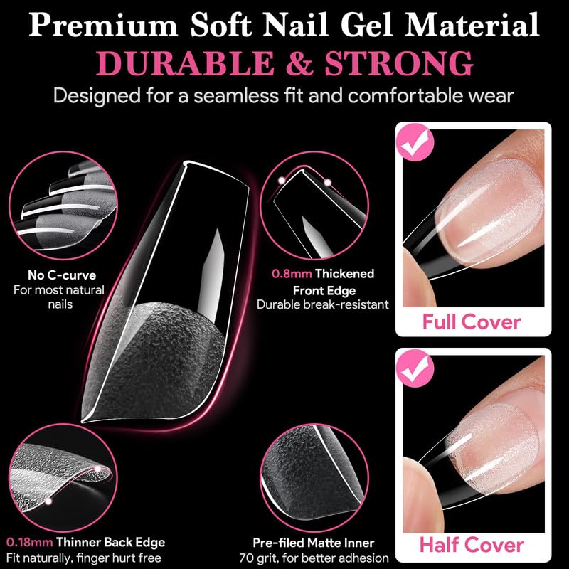 Medium Coffin False Nail Tips, 15 Sizes 510 PCS Clear Soft Press On Fake Nail Pre-shaped Half Matte Full Cover Gel Nail Tip Extensions Strong Thick Long Lasting for DIY Beginners & Salon Manicure-BrightBean Baby