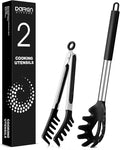 Spaghetti Spoon and Pasta Tong, Non-stick Silicone Spoon Server Fork with teeth and Stainless Steel Handle Spaghetti Tong, Food Clip for Spaghetti Noodle (BLACK)