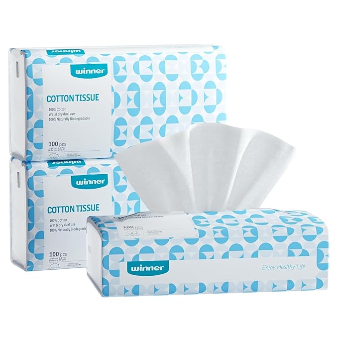Winner Softer Face Towels - 100% USA Cotton Dry Wipes, 300 Count Unscented Cotton Tissues for Sensitive Skin, OEKO-TEX Certified Face Towelettes Disposable, Makeup Remover Facial Towels, 3 Pack-BrightBean Baby