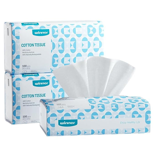 Winner Softer Face Towels - 100% USA Cotton Dry Wipes, 300 Count Unscented Cotton Tissues for Sensitive Skin, OEKO-TEX Certified Face Towelettes Disposable, Makeup Remover Facial Towels, 3 Pack-BrightBean Baby