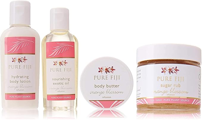 Pure Fiji Spa Gifts for Women and Man - Body Gift Box Include: Sugar Scrub, Bath and Body Oil, Body Butter and Body Lotion, Scent Orange Blossom-BrightBean Baby