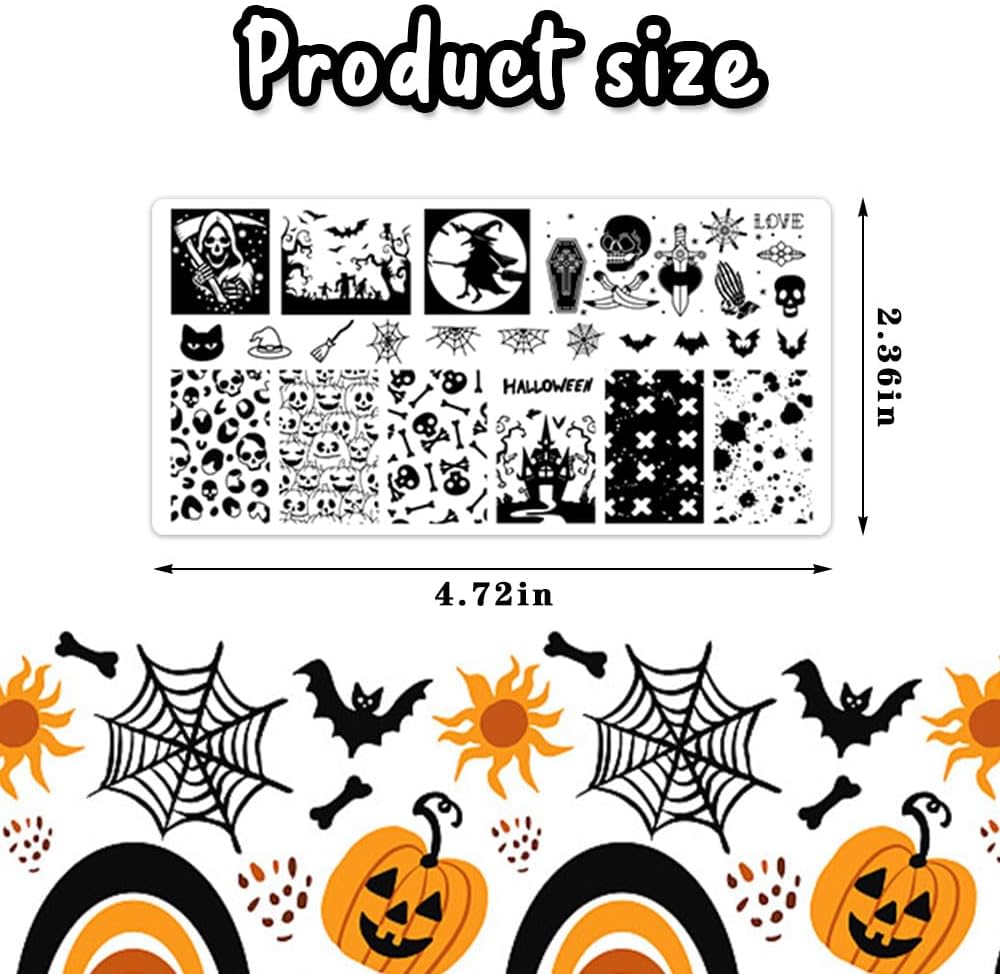 ALIBBON 6 Pcs Halloween Nail Stamping Plates Set, Halloween Background Nail Art Stamp Templates, Pumpkin Face Skeleton Stamp Templates Kit, Spider Web Ghost Metal Nail Plates for DIY Printing Decor-BrightBean Baby