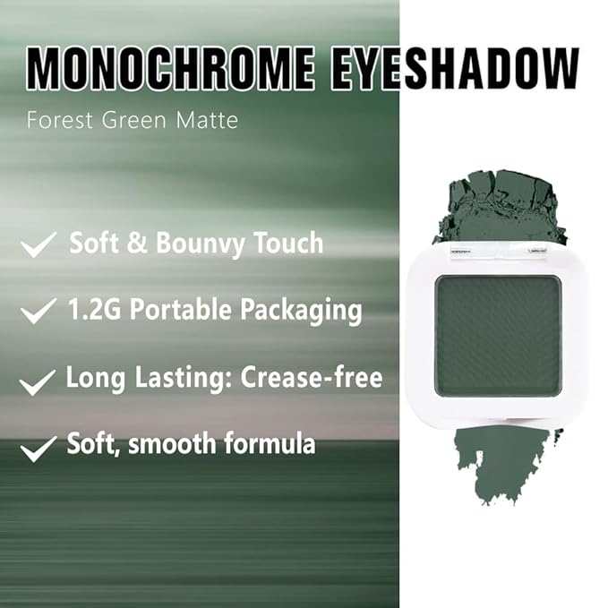 evpct Dark Green Matte Single Eyeshadow Palette, Forest Green Cream Eye Shadow Palette Makeup Singles for Older Women Matte, High Pigment Long Lasting Mini Monochrome Eyeshadow Sombra Para Ojos, 16-BrightBean Baby
