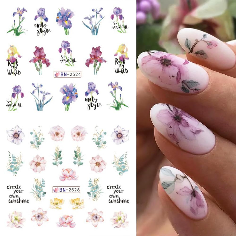 12 Sheets Flower Water Transfer Nail Stickers Purple Fresh Flower Nail Art Decals with Assorted Pattern Blossom Floral Butterfly Dragonfly DIY Nail Art supplies for Women Nail Decorations Manicure Tip-BrightBean Baby