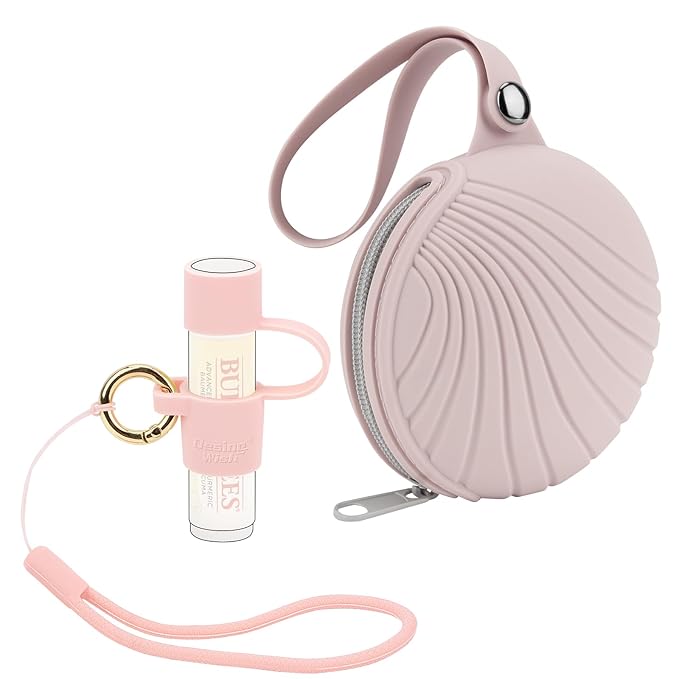 Desing Wish Silicone Lip Balm Holder with Silicone Zipper Pouch, Portable Lip Balm Keychain Sleeve - Silicone Storage Bag for Lip Balms/Small Cosmetics/Earphones/Keys - Pink-BrightBean Baby