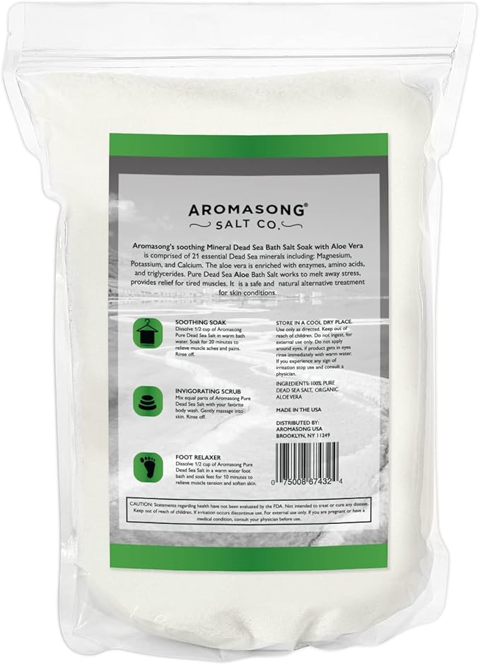 Aromasong Dead Sea Salt with Organic Aloe Vera, Spa Bath Salts, 5 Lbs Fine Bulk resealable Pack, 100% Pure & Natural, Soak for Women & Men for Tired Muscles & Skin Issues (Packaging May Vary)-BrightBean Baby