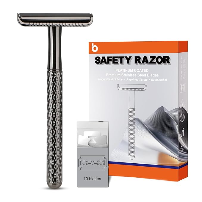 Shiny Gun Black Double Edge Safety Razor, Single Blade Razors for Men and Women, with 10 Stainless Steel Safety Razor Blades, Reusable, Smooth and Close Wet Shaving Kit, Plastic Free-BrightBean Baby