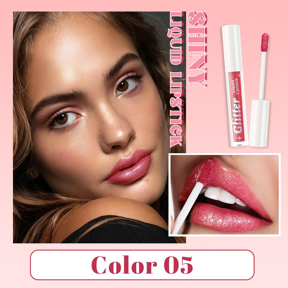 Rose Pink Metallic Lipstick for Women,Lightweight Glitter Sparkling Liquid Lipsticks,Shimmer Lip Gloss Stain Long Lasting Waterproof Smudge Proof Non-Drying 24 Hour Full Coverage Lip Makeup,Vegan-BrightBean Baby
