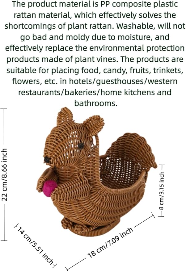 hand-woven round rattan basket storage basket storage box ornaments decorative basket multifunctional picnic food bread basket fruit gift basket key basket. (squirrel)