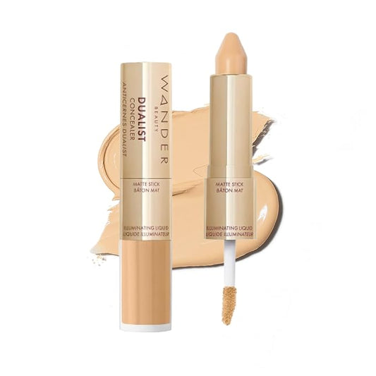 Wander Beauty Dualist Matte and Illuminating Concealer Makeup - Light Medium - Dual-Ended Matte Concealer Stick + Liquid Concealer - Full Coverage Concealer Brightens, Firms, & Hydrates - 0.28 fl oz-BrightBean Baby