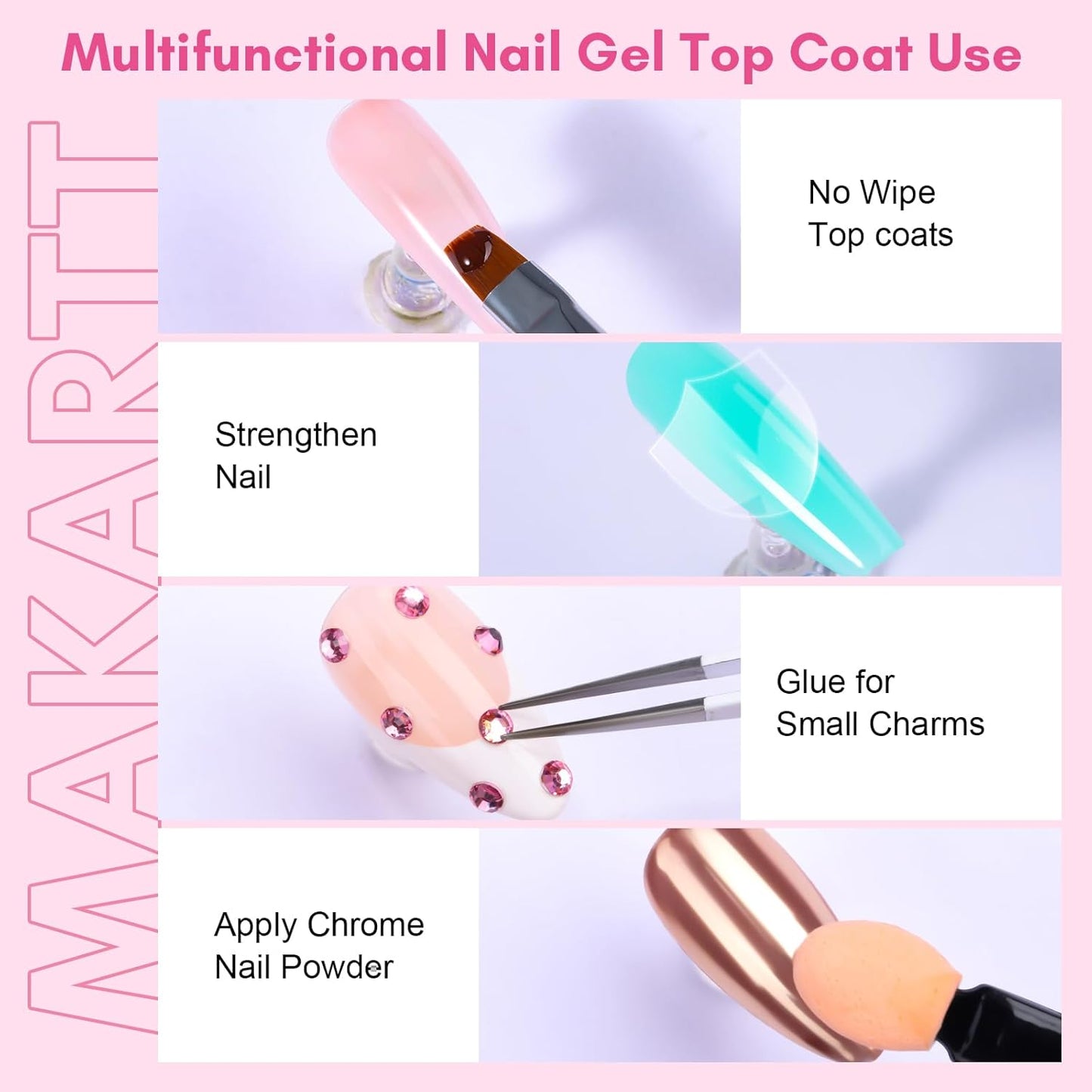 Makartt Hard Gel Top Coat: 3-in-1 Nail Polish Soak-off UV Gel Glossy Finish Long Lasting for Nail Strengthen Nail Charms Rhinestone for Home Salon Manicure Use-BrightBean Baby