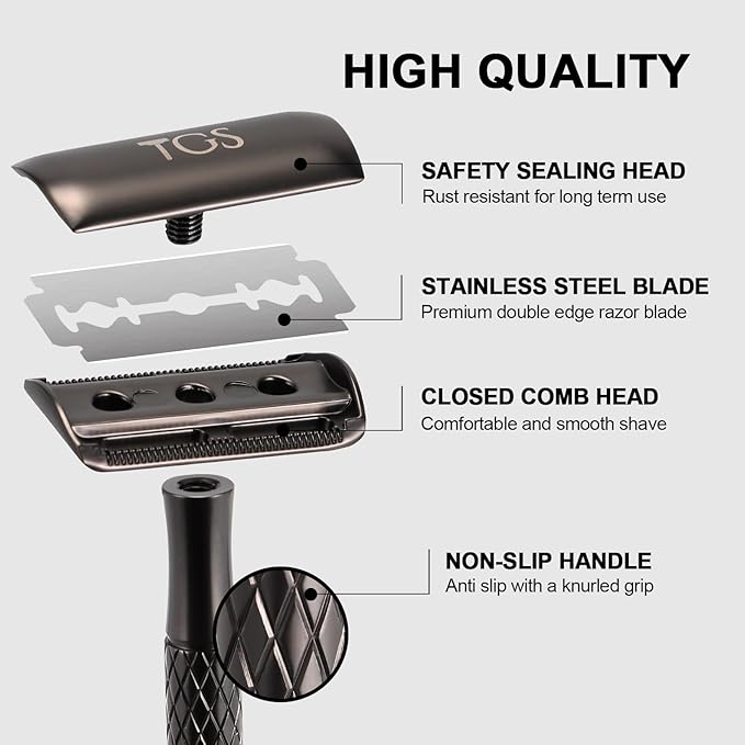 Single Blade Safety Razor for Men with Silicone Cover & 10 Blades Double Edge Safety Razor for Travel Metal Eco-Friendly Reusable Razor for Shaving (Matte Black)-BrightBean Baby