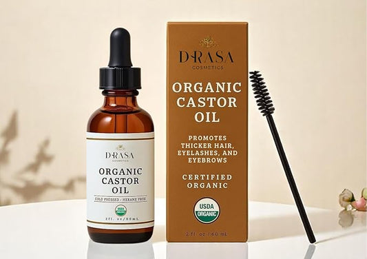 Organic Castor Oil– 100% Pure, Extra Virgin (2oz Glass Bottle), Cold-Pressed, Hexane-Free, Promotes Growth of Hair, Eyebrows & Eyelashes, For Castor Oil Packs, With Free Eyebrow Brush-BrightBean Baby