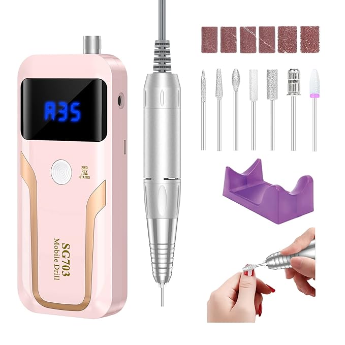 Portable Nail Drill Professional 35000 RPM, MOCOWIND Rechargeable Electric Nail File Machine E File for Acrylic Gel Polishing Removing, Cordless E-File with Bits Kit for Manicure Salon Home,Pink-BrightBean Baby