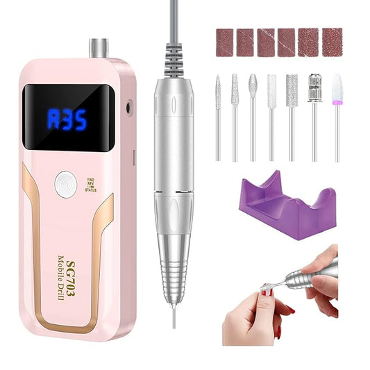 Portable Nail Drill Professional 35000 RPM, MOCOWIND Rechargeable Electric Nail File Machine E File for Acrylic Gel Polishing Removing, Cordless E-File with Bits Kit for Manicure Salon Home,Pink-BrightBean Baby
