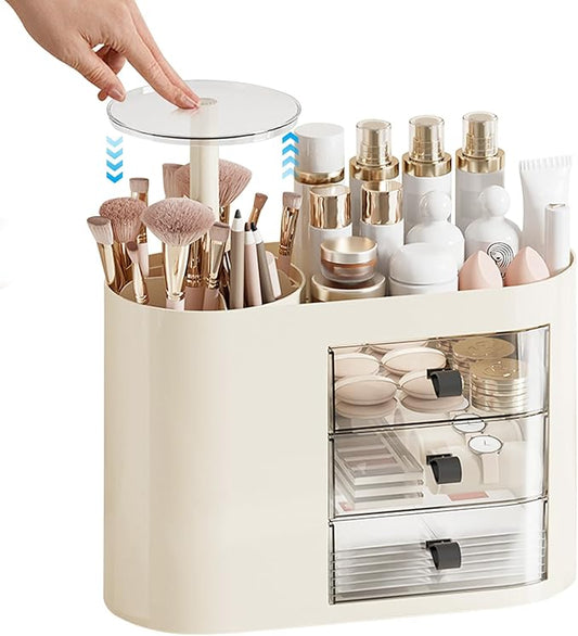 DASITON Makeup Organizer with 3 Drawers,Automatic Lifting Makeup Brush Holder with Lid,Large Capacity Makeup Organizers for Vanity,Bathroom Countertop,Ideal Storage Skin Care,Brushes,Lipstick (Cream)-BrightBean Baby