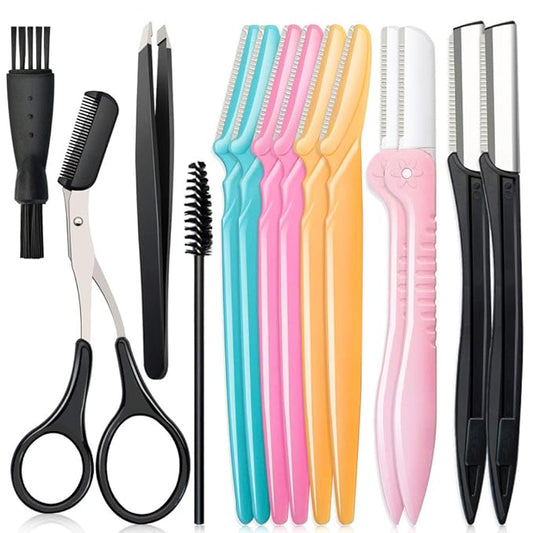 14 in 1 Eyebrow Razor Kit, Professional Dermaplane Face Razor for Women, Eyebrow Trimmer for Hair & Peach Fuzz Remover, Face Shavers for Women with Tweezers/Scissors/Clipper/Spoolie Brush