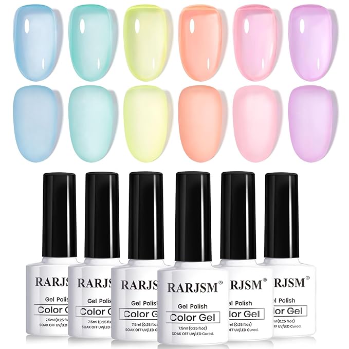 RARJSM Pastel Stained Glass Gel Nail Polish Set 6pcs Clear Orange Yellow Blue Pink Purple Crytal Transparent Jelly Series Sheer Amber Gel Varnish LED UV Curing Requires Spring Easter French Manicure-BrightBean Baby