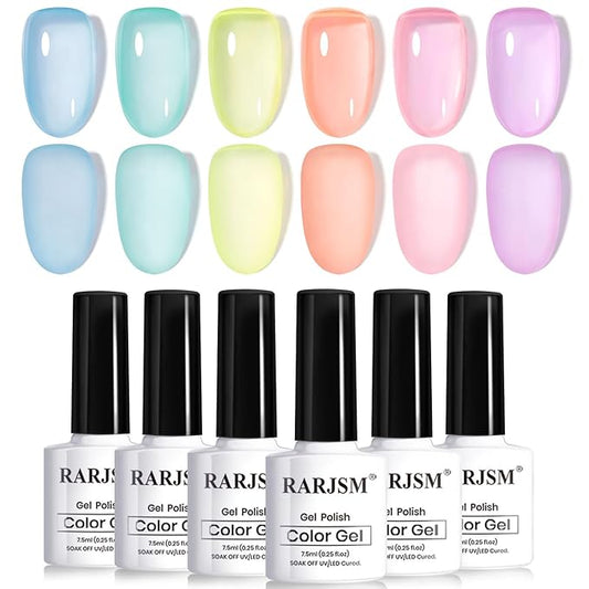 RARJSM Pastel Stained Glass Gel Nail Polish Set 6pcs Clear Orange Yellow Blue Pink Purple Crytal Transparent Jelly Series Sheer Amber Gel Varnish LED UV Curing Requires Spring Easter French Manicure-BrightBean Baby