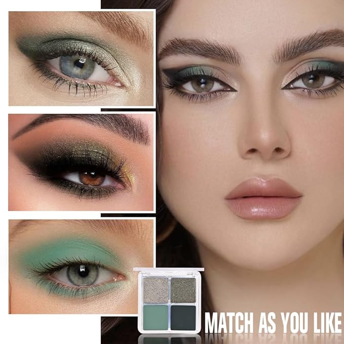 4 Colors Matcha Green Eye Shadow Powder Palette Makeup, Highly Pigmented Waterproof Matte Shimmer Quad Eyeshadow Palette for Women, paleta de sombras de ojos, Blendable, Vegan 12-BrightBean Baby
