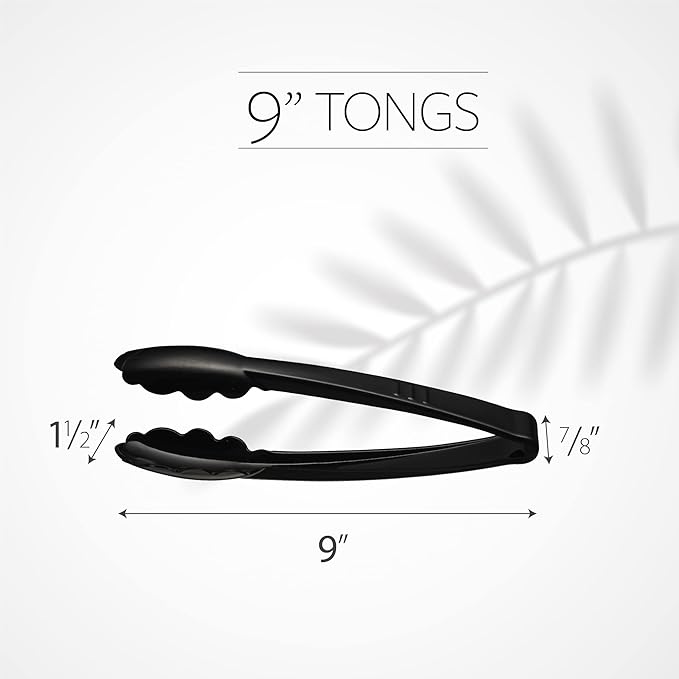 [Black Tongs 9'' Inches] Plasticpro 9'' Serving Tongs Heavy Duty Reusable Kitchen and BBQ Black Serving Tong for party's, Caterings, Events, Buffet, Weddings, And every Day use Pack of 12