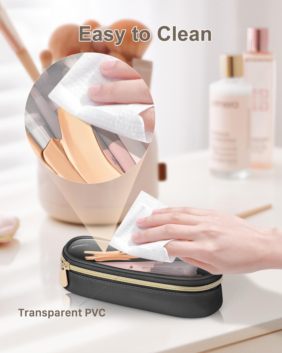 Clear Travel Makeup Brush Holder, Leather Makeup Brush Toiletry Bag, Portable Cosmetic Brush Case, Transparent Waterproof Makeup Brush Storage Bag, Black-BrightBean Baby