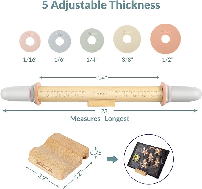 Geesta Adjustable Wood Rolling Pin with 5 Thickness Rings, Precise Dough Roller Handle Press Design with Measurement Guide for Fondant, Pizza, Pie Crust, Cookie, Pastry Baking Decorating Accessories