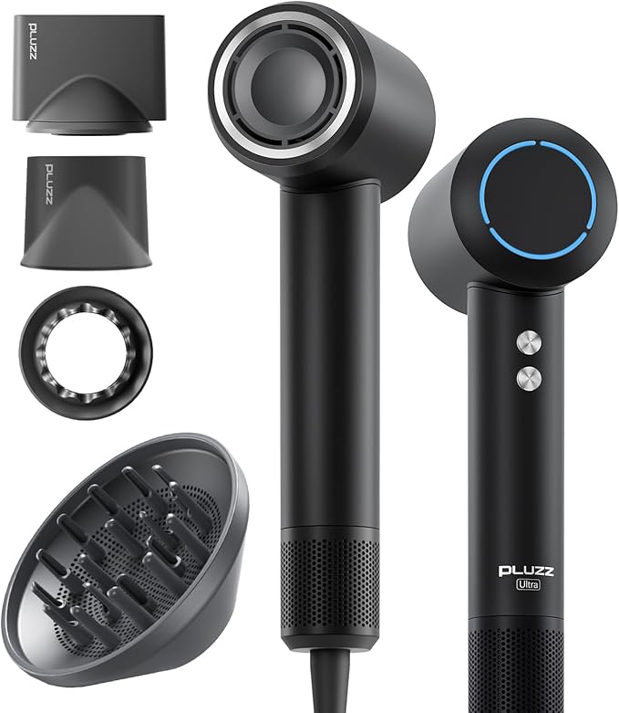 PLUZZ Professional Hair Dryer with Diffuser for Curly Hair, 400M Negative Ionic Blow Dryer for Fast Drying, 120,000 RPM High-Speed Brushless Motor, Low Noise Lightweight, Travel-Friendly, Women & Men-BrightBean Baby