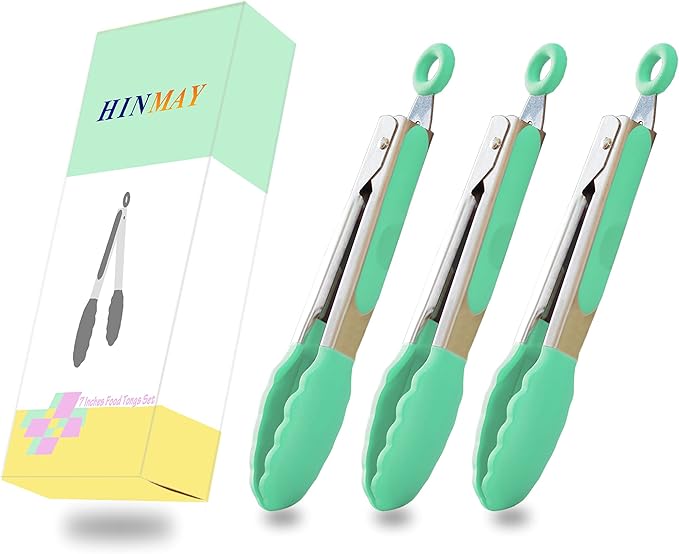 Mini Tongs with Silicone Tips 7 Inches Silicone Cooking Tongs, Set of 3 (Mint)
