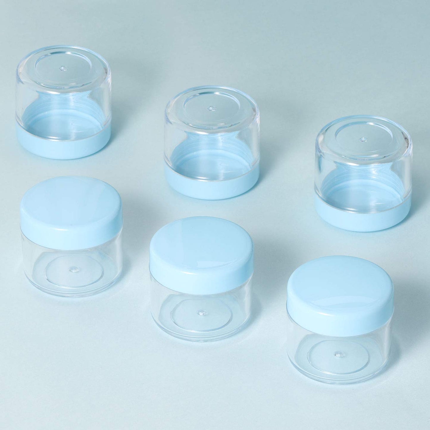 Refillable Cosmetic Sample Jars - 100 Pack 20g (0.7oz) Blue Small Travel Containers with Lids + 10 Mini Makeup Spatulas - BPA Free-BrightBean Baby