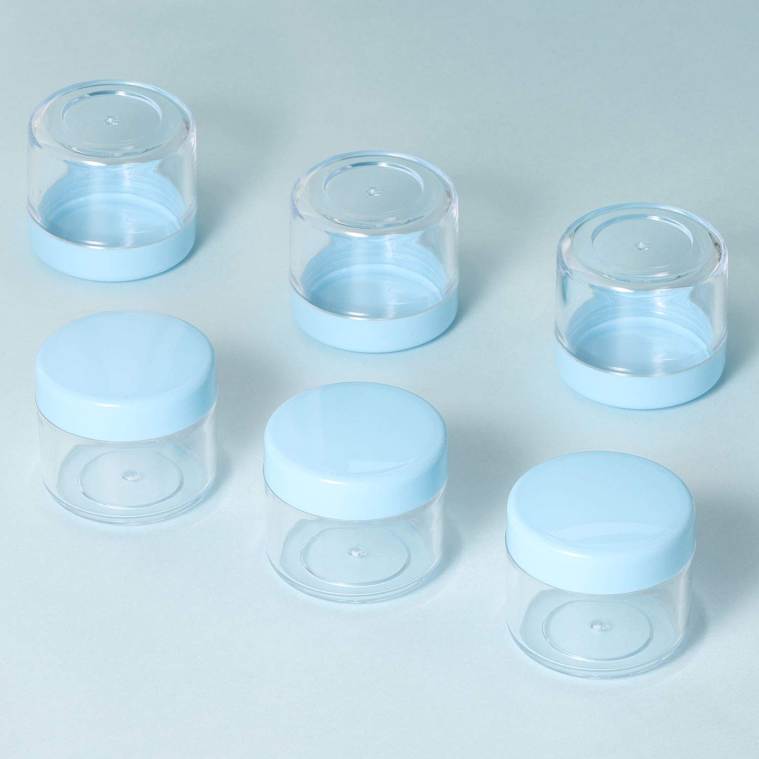 Refillable Cosmetic Sample Jars - 100 Pack 20g (0.7oz) Blue Small Travel Containers with Lids + 10 Mini Makeup Spatulas - BPA Free-BrightBean Baby