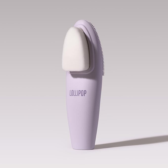 LOLLIPOP Dual-Sided Facial Cleansing Brush | Handle Size Silicone Face Exfoliator and Soft Fiber Cleanser | Manual Face Scrubber for Pores, Makeup Removal, Blackhead and Skincare Routine, Plum-BrightBean Baby