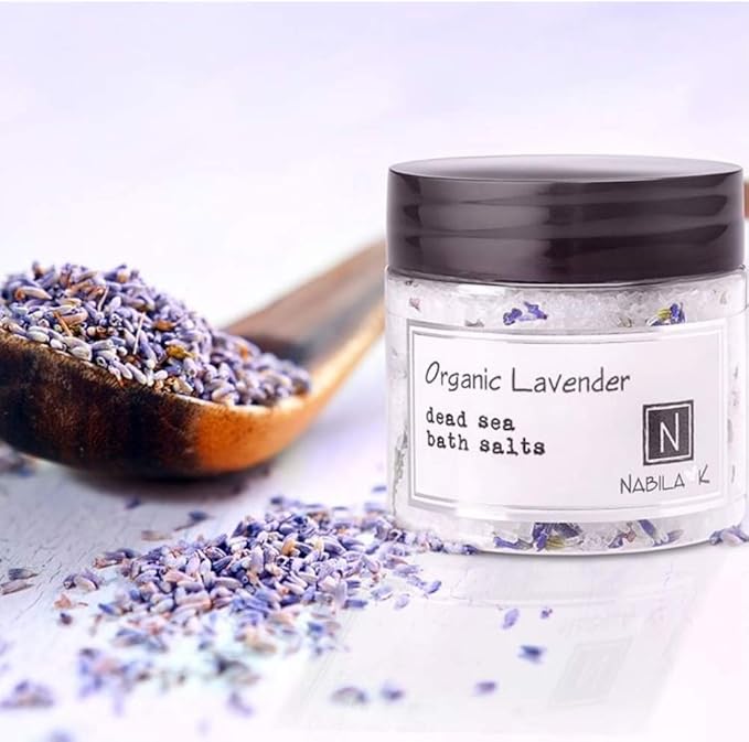 Organic Lavender Bath Salts by Nabila K - Dead Sea Salt & Epsom Salt Scrub & Soak - Exfoliates & Hydrates Skin, Botanical Essential Oils - Bubble Bath Accessories for All Skins Types, 2 oz-BrightBean Baby