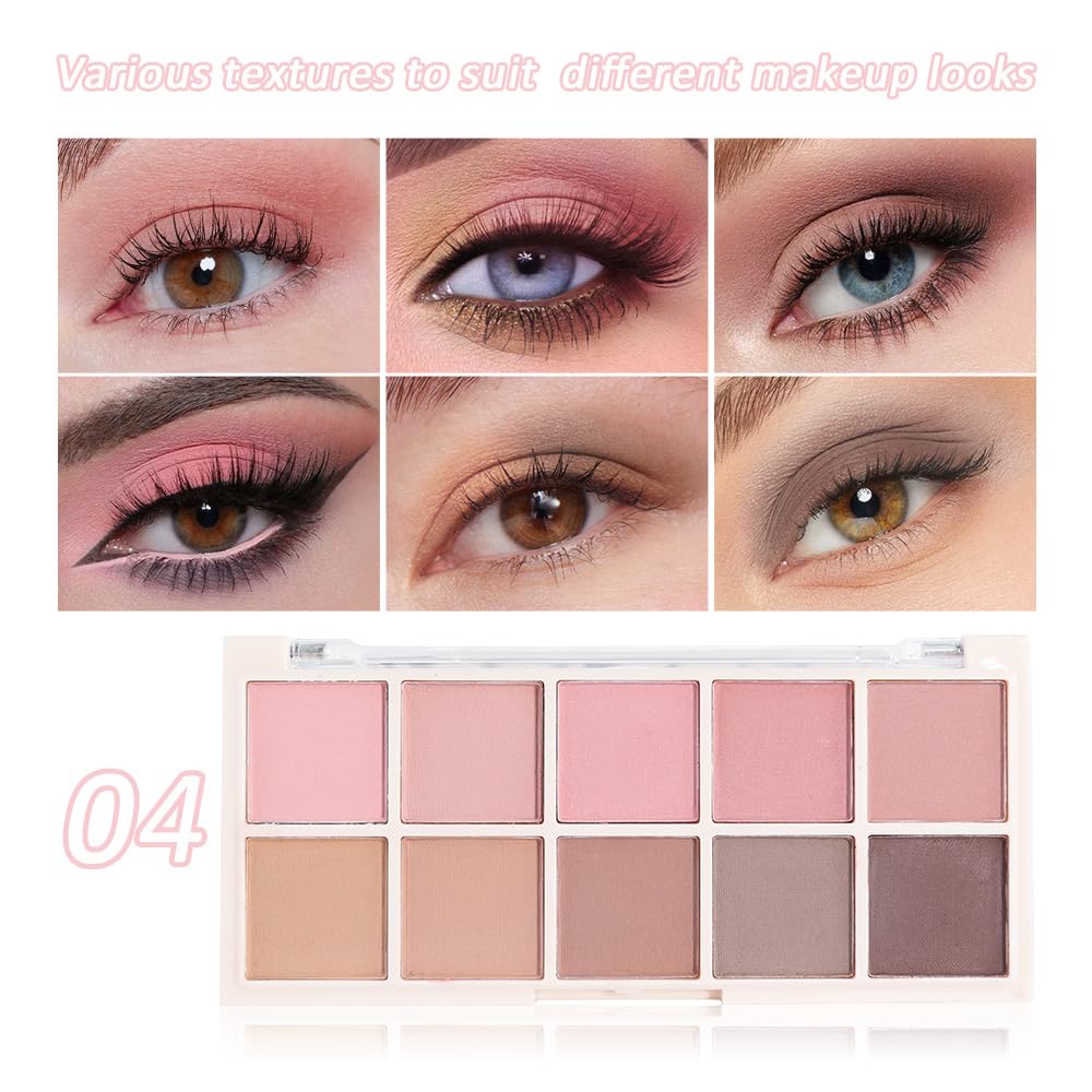 Ten Color Pink Brown Series Matte Eyeshadow Makeup Palette, High-Pigment Eye Shadow, Smooth & Blendable, Everyday Velvety Matte Finish Eye Makeup Looks Box, Vegan & Cruelty-Free, 0.35 Oz 04#-BrightBean Baby