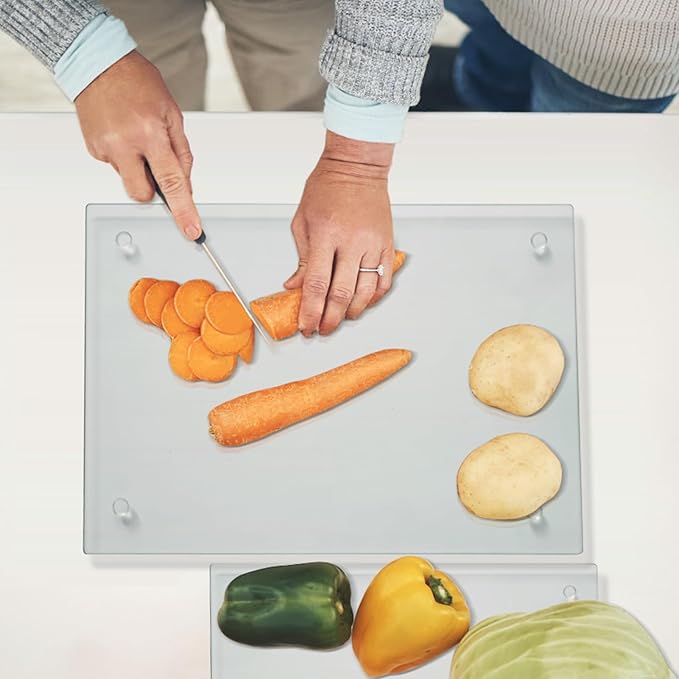 Tempered Glass Cutting Board for Kitchen, Clear Glass Board for Countertop, with Non-Slip Feet, Heat Resistant, Large Size 12x16" 2Pcs, Small Size 12x8" 2Pcs