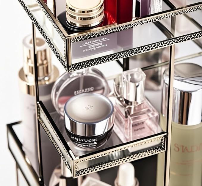 Vintage Glow Antique 360 Degree Rotating Makeup Organizer,4-Tier Spinning Perfume Tray,Countertop Cosmetic Storage,Glass Beauty Display,Retro Large Capacity Vanity Organizer for Brushes Skincare-BrightBean Baby