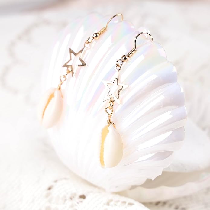 Boho Shell Drop Earrings Vintage Gold Star Shell Dangle Earrings Statement Cowrie Shell Hook Earrings Summer Beach Seashell Earrings Jewelry for Women-BrightBean Baby