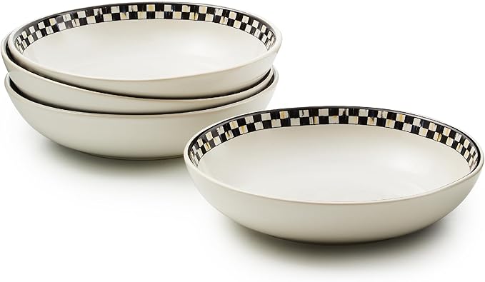 MACKENZIE-CHILDS Set of 4 Everyday Pasta Bowls, Microwave-Safe and Dishwasher-Safe Stoneware Bowls, Black-and-White Courtly Check