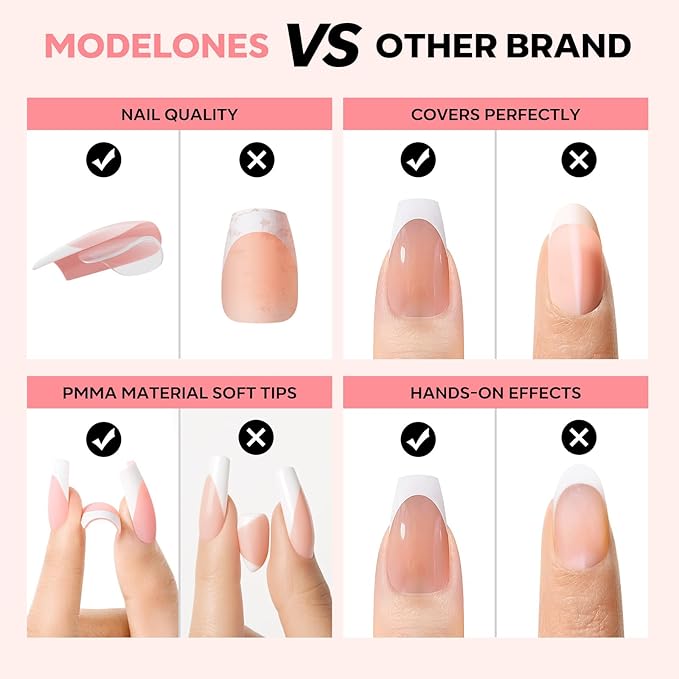 modelones French Tip Press on Nails, 150Pcs Short Coffin Fake Nails with Nail Box, Deep Nude Gel Nail Tips for Women, Soft Glue-On Nails for Natural Salon Look, DIY Nail Art Kit (15 Sizes)-BrightBean Baby